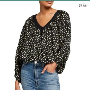THE GREAT The Holly Silk Black and White Oversized Blouse XS
